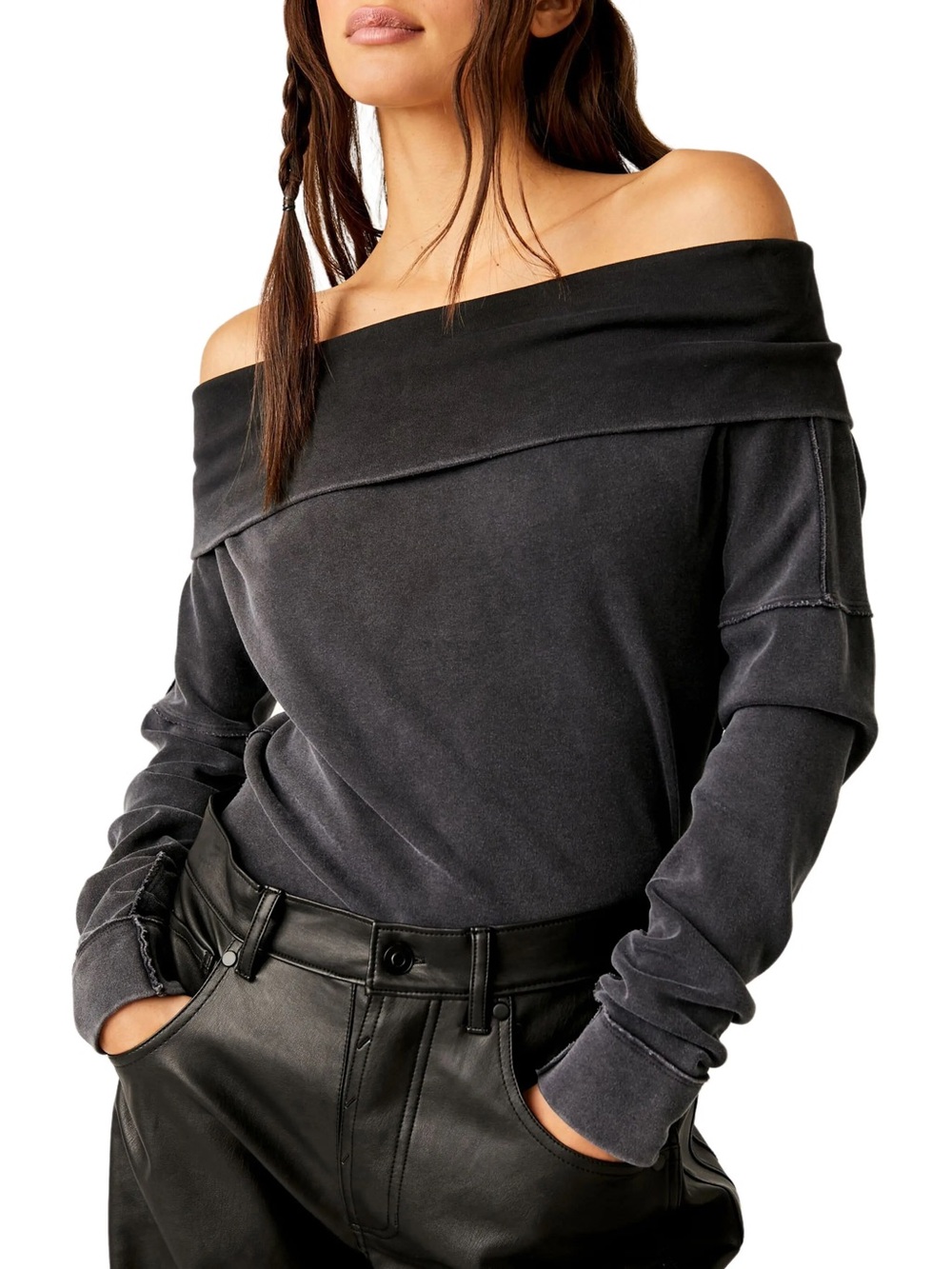 Free People We The Free Not The Same Tee Black Off Shoulder Cotton L
